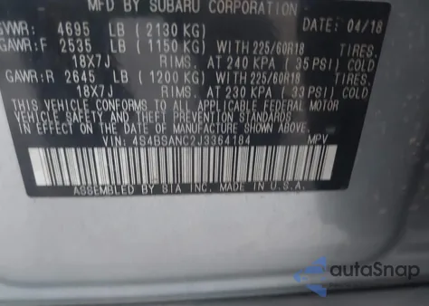 2018 Subaru Outback 2.5I Limited from USA, damaged, VIN 4S4BSANC2J3364184